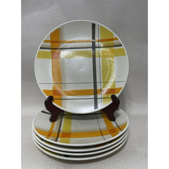Vintage Mikasa Indian Feast Sun Strokes Dinner Plate Set Of 5 Yellow Checkered